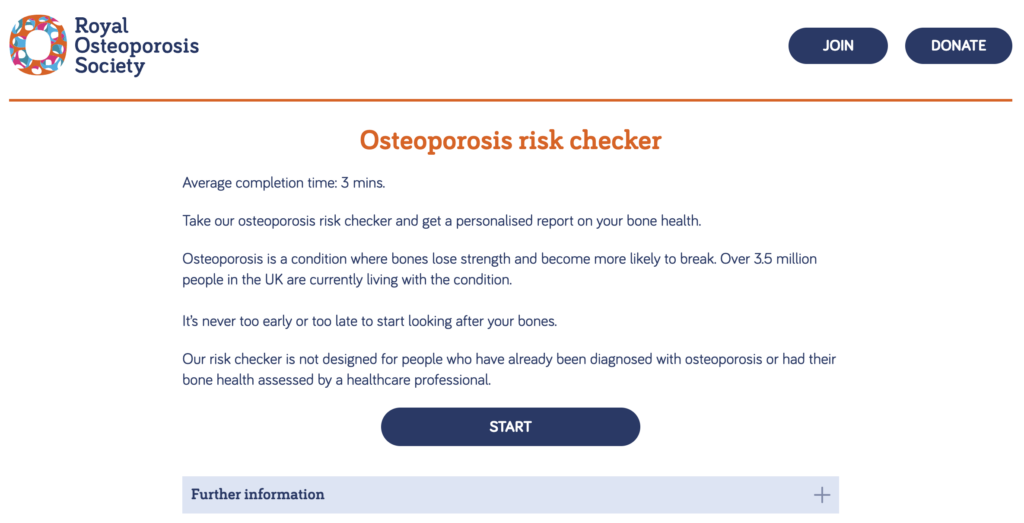 Screenshot of the Royal Osteoporosis Risk Checker website
